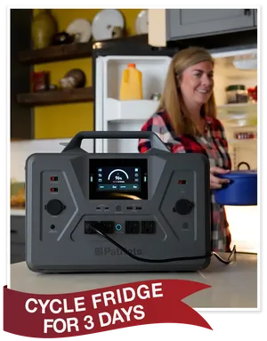 Woman powering fridge with generator