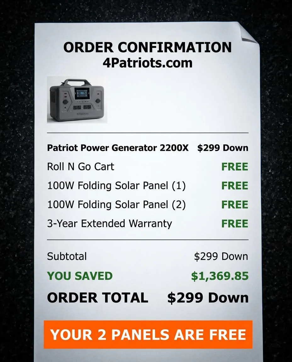 Order receipt showing 2 free solar panels included with the Patriot Power Generator 2200X deal