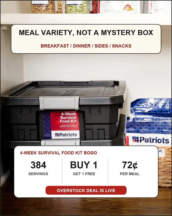 4Patriots 4-Week Survival Food Kit BOGO meal variety creative showing 384 servings, buy one get one free, and 72 cents per serving