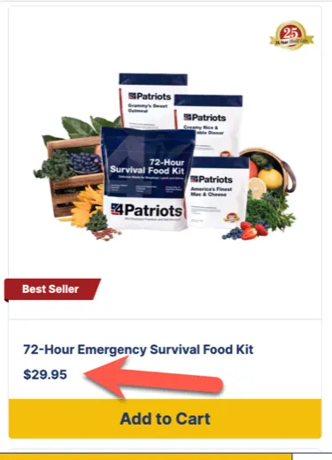 4Patriots product page showing the 72-Hour Emergency Survival Food Kit at $29.95