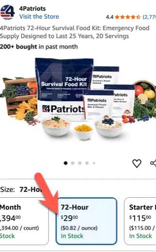 Amazon listing showing the 4Patriots 72-Hour Survival Food Kit around $29
