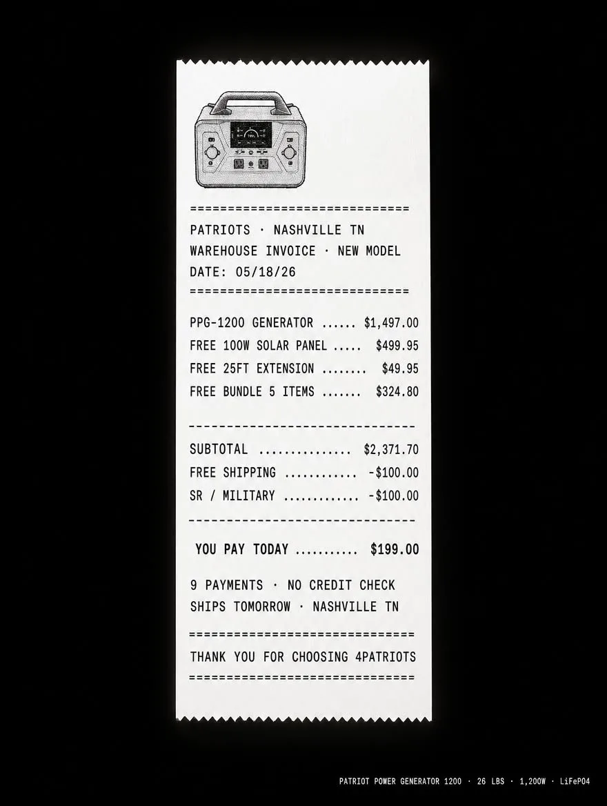 Warehouse receipt showing the PPG-1200, free solar panel, free bonus gear, $199 today, and no credit check