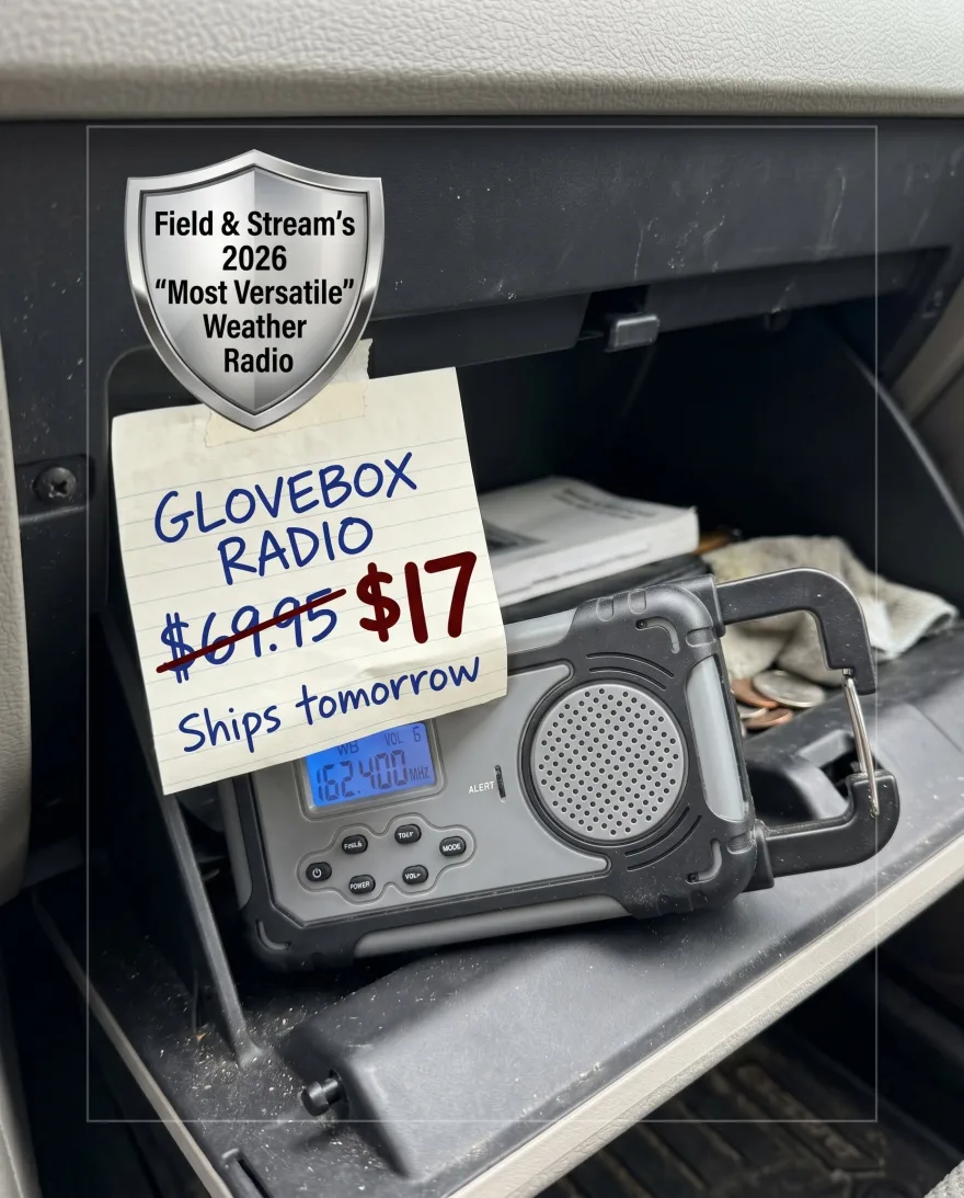 Liberty Band Solar Weather Radio in a glovebox with Field and Stream 2026 Most Versatile Weather Radio proof, marked down from $69.95 to $17 and ships tomorrow